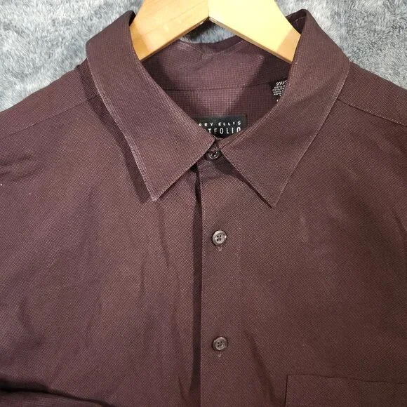 Perry Ellis Dress Shirt Button Up Pockets Men's 2X Long Sleeve Burgundy Red - Picture 3 of 12